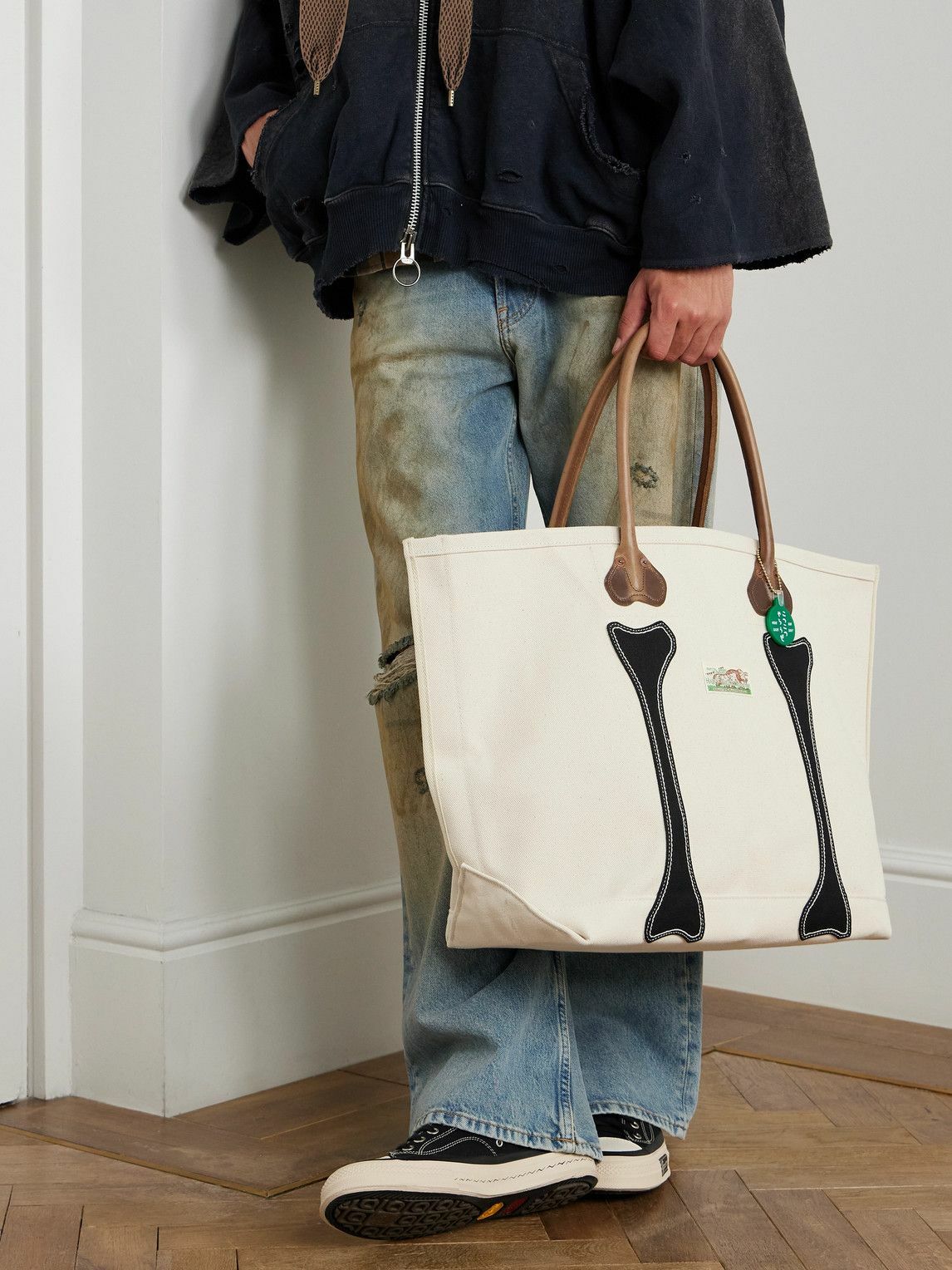 KAPITAL - Leather-Trimmed Appliquéd Canvas Tote Bag KAPITAL