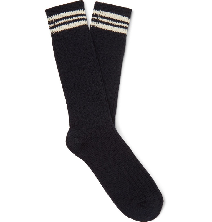 Photo: NN07 - Striped Ribbed Cotton-Blend Socks - Blue