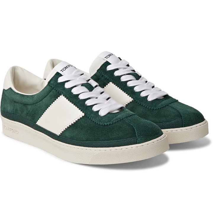 Photo: TOM FORD - Bannister Leather-Trimmed Suede Sneakers - Green
