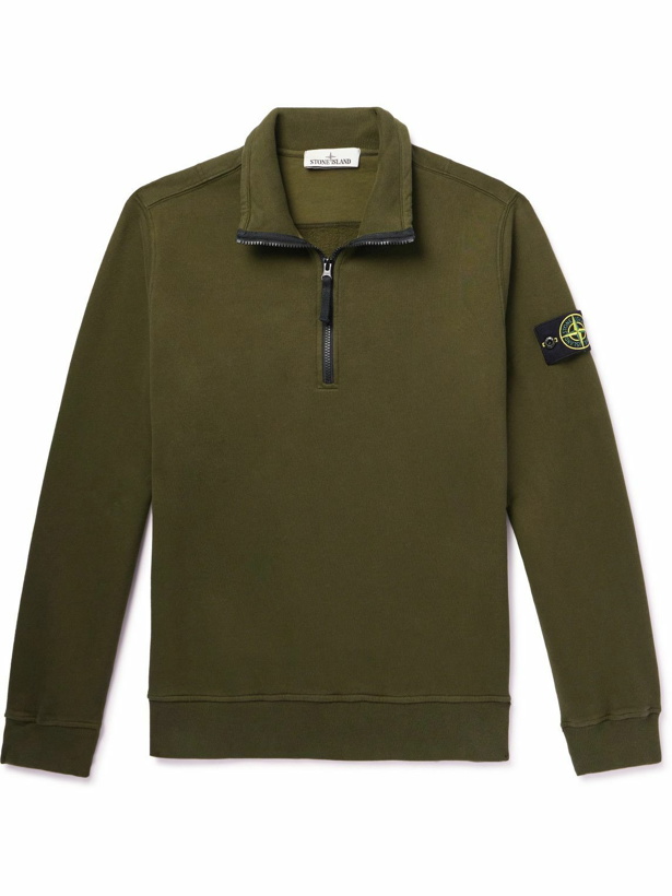 Photo: Stone Island - Logo-Appliquéd Garment-Dyed Cotton-Jersey Half-Zip Sweatshirt - Green