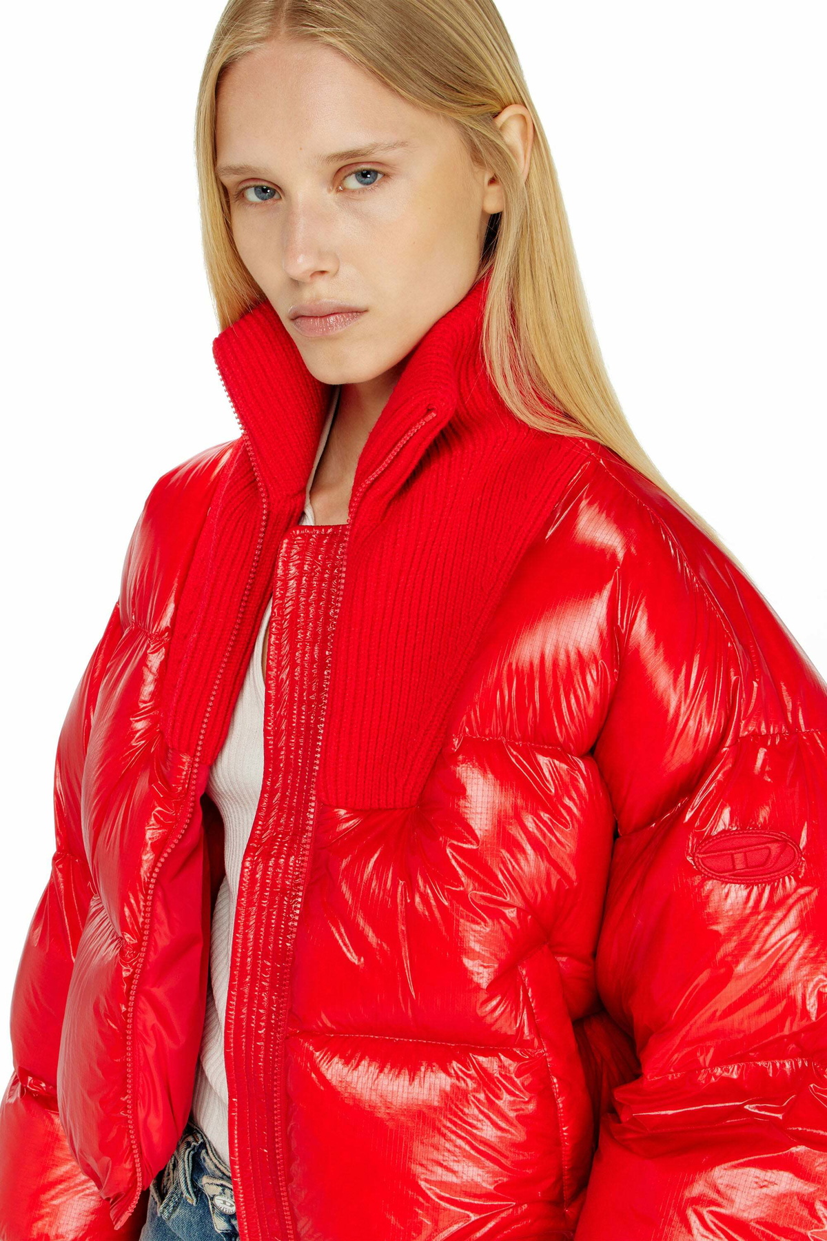 Diesel Down puffer jacket in ripstop with knitted collar - Winter Jackets Womens in Red