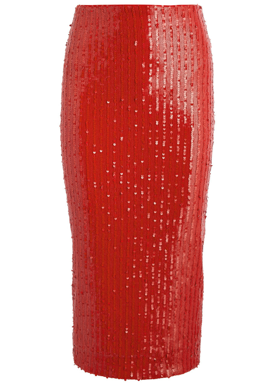 Rotate Sunday Sequin-embellished Tulle Midi Skirt Red