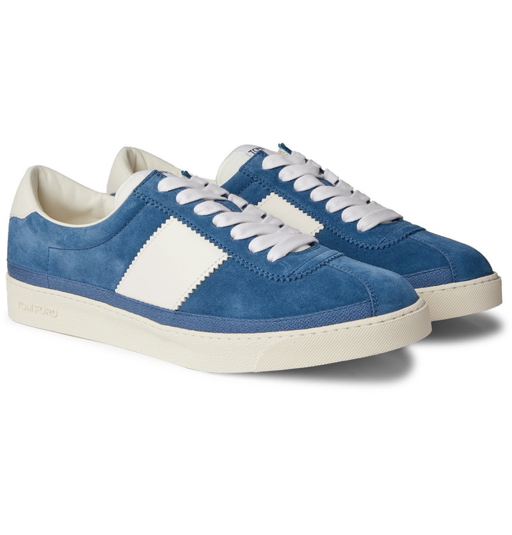 Photo: TOM FORD - Bannister Leather-Trimmed Suede Sneakers - Blue