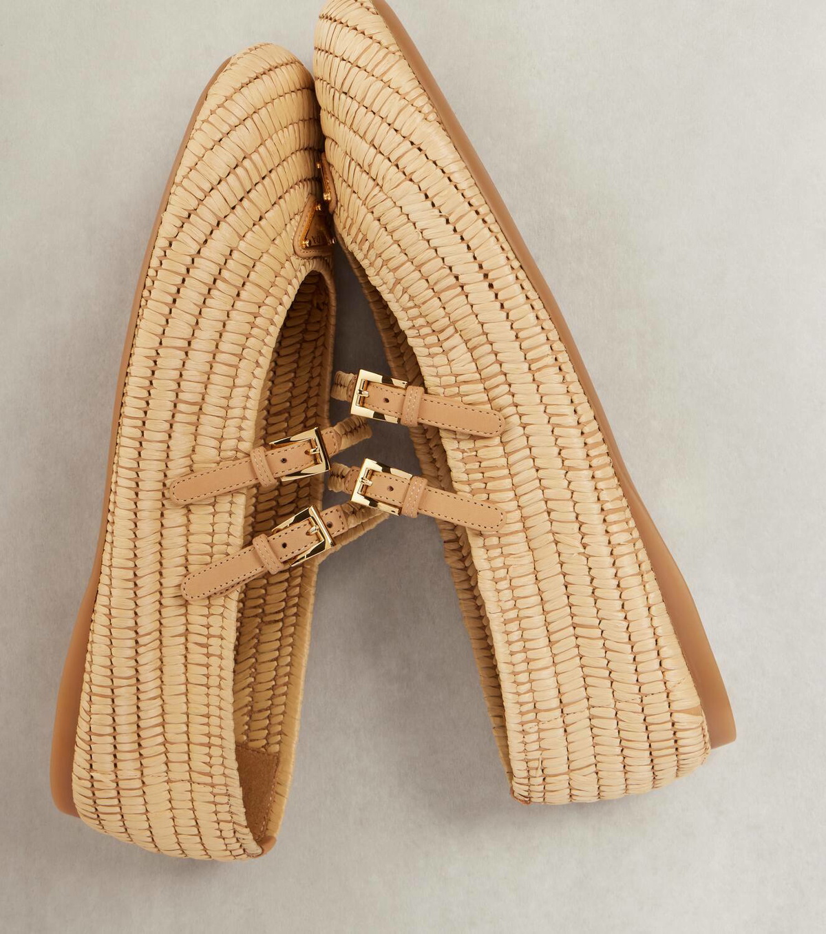 Prada Logo raffia-effect Mary Jane flats Prada