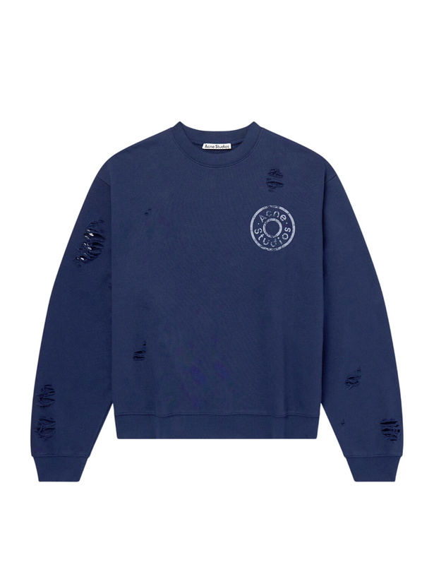 Photo: Acne Studios - Franziska Oversized Distressed Logo-Print Cotton-Blend Jersey Sweatshirt - Blue