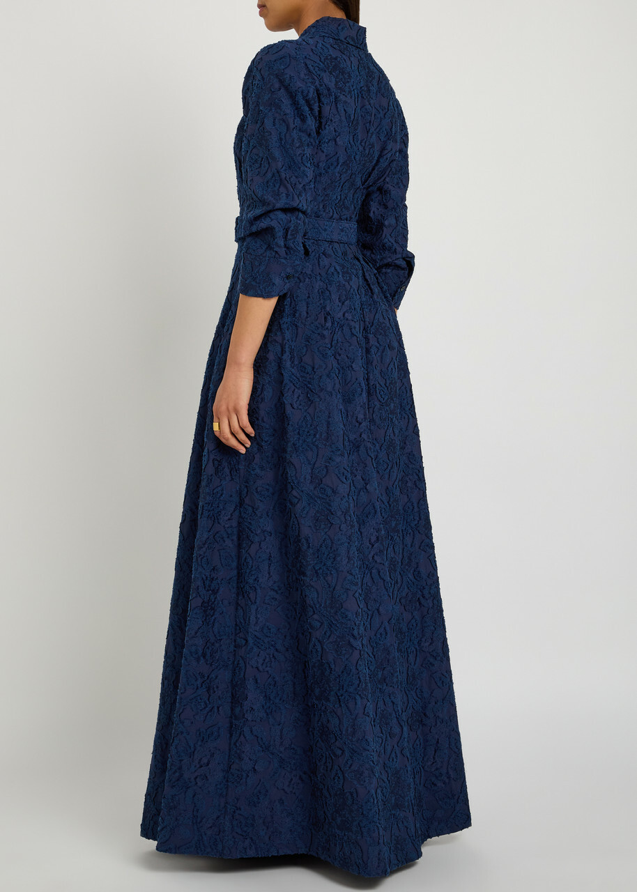 Simkhai Courtney Floral-jacquard Belted Cotton-blend Gown Navy