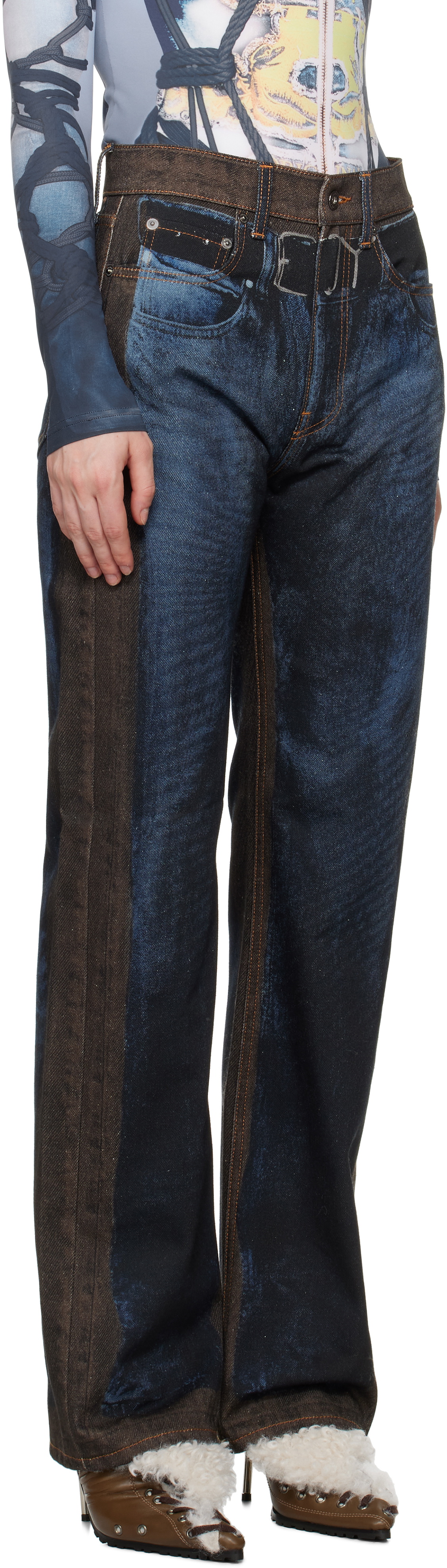 Y/Project Blue & Brown 'YP' Trompe L'oeil Jeans