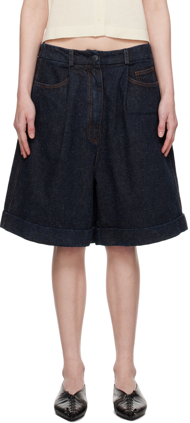 Black Tobacco Pleated Denim Shorts