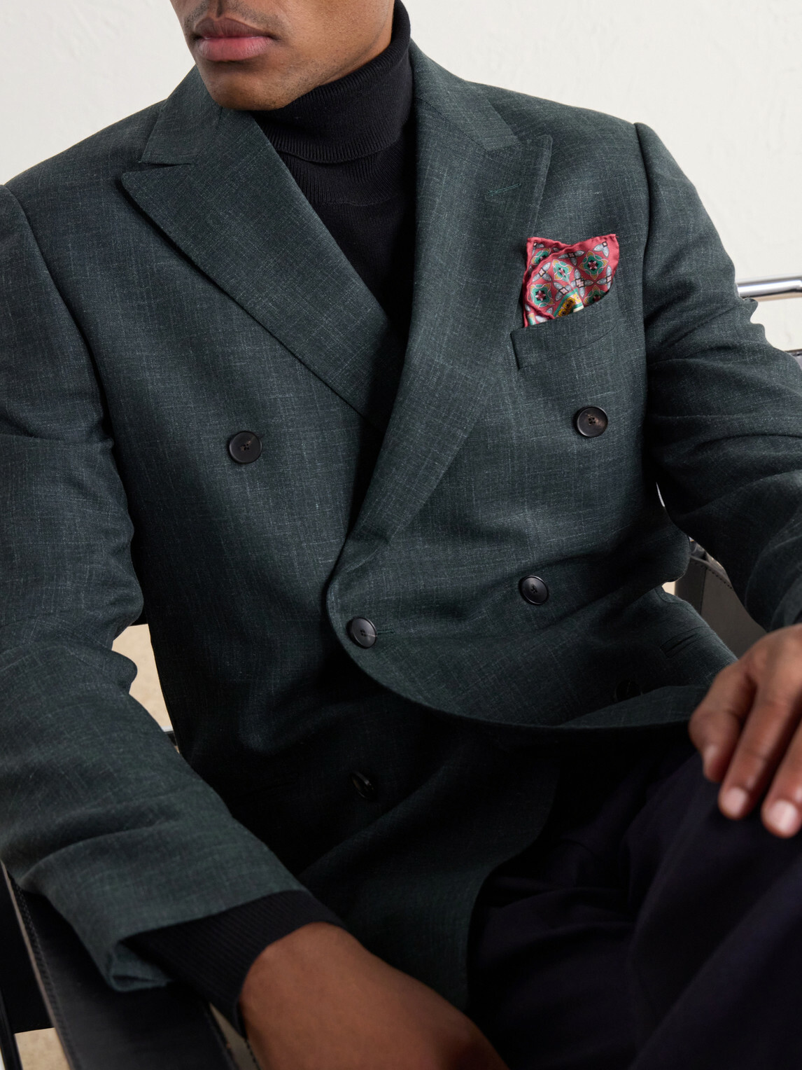 Mr P. - Double-Breasted Woven Wool, Silk and Linen-Blend Blazer - Green