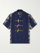 KAPITAL - Toggle & Maille Convertible-Collar Printed Woven Shirt - Blue