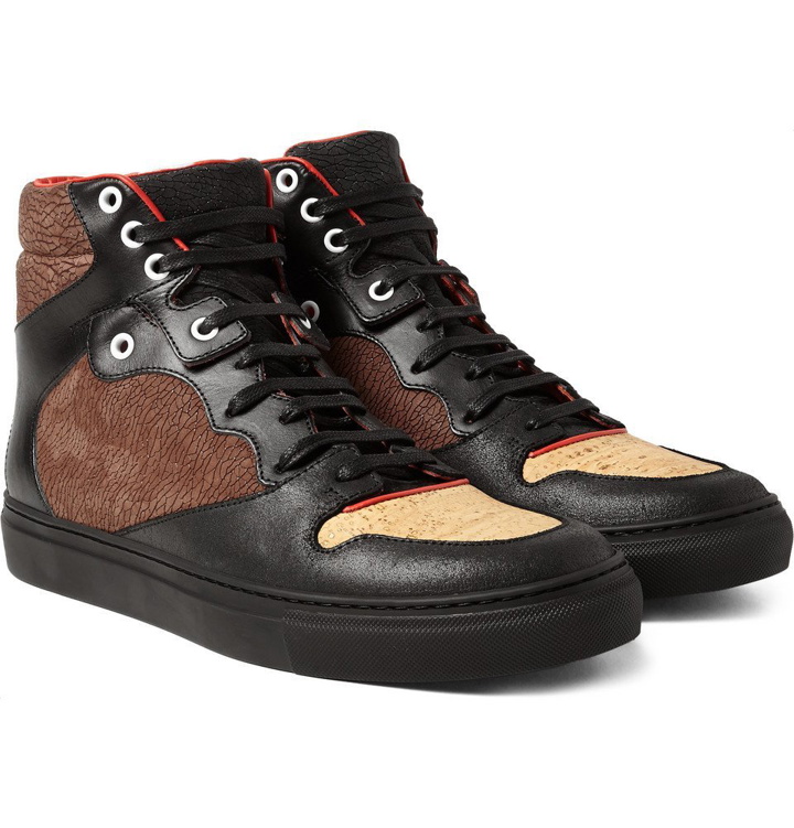 Photo: Balenciaga - Leather, Textured-Nubuck and Cork High-Top Sneakers - Men - Black