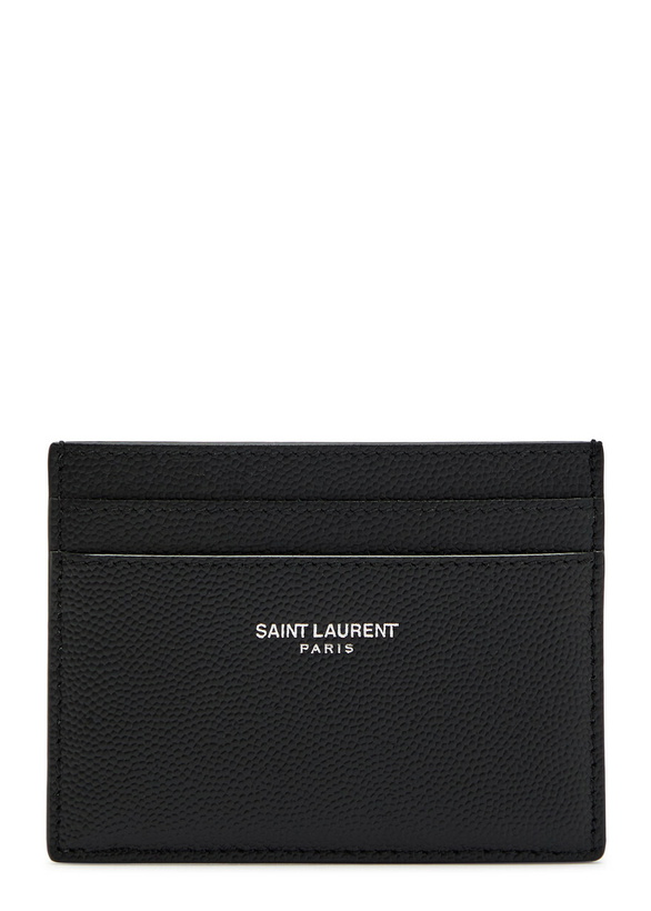 Photo: Saint Laurent Logo Pebbled Leather Card Holder - Black - One Size