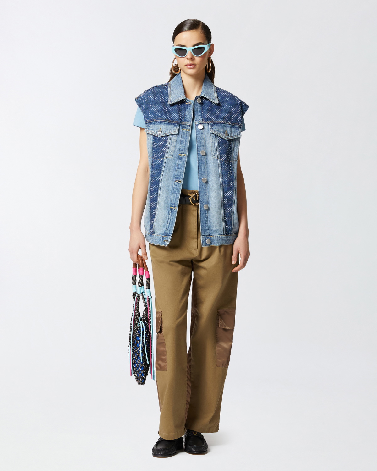 Pinko Sleeveless Denim Jacket With Mini Studs Mid Wash