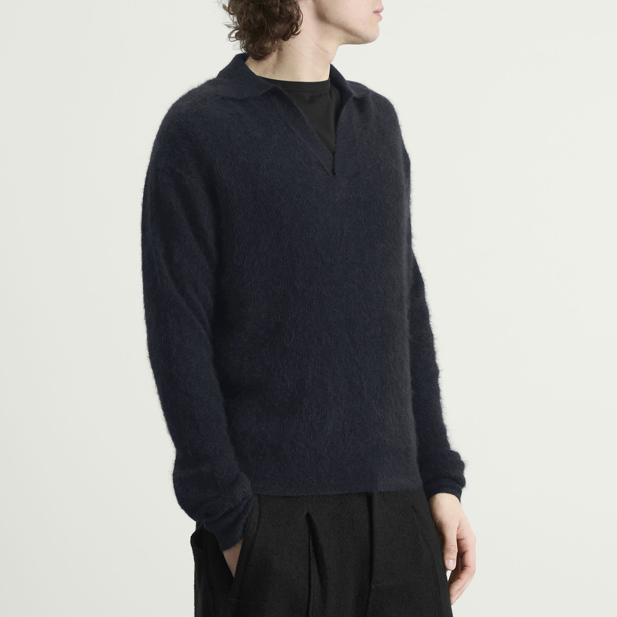 Auralee Men's Baby Suri Alpaca Sheer Knit Skipper Polo in Navy