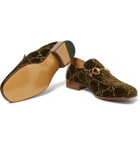 Gucci - Horsebit Collapsible-Heel Leather-Trimmed Embroidered Velvet Loafers - Men - Army green