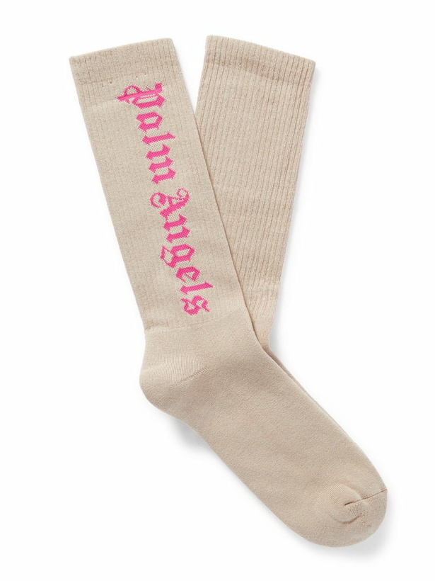 Photo: Palm Angels - Logo-Jacquard Ribbed Cotton-Blend Socks - Neutrals