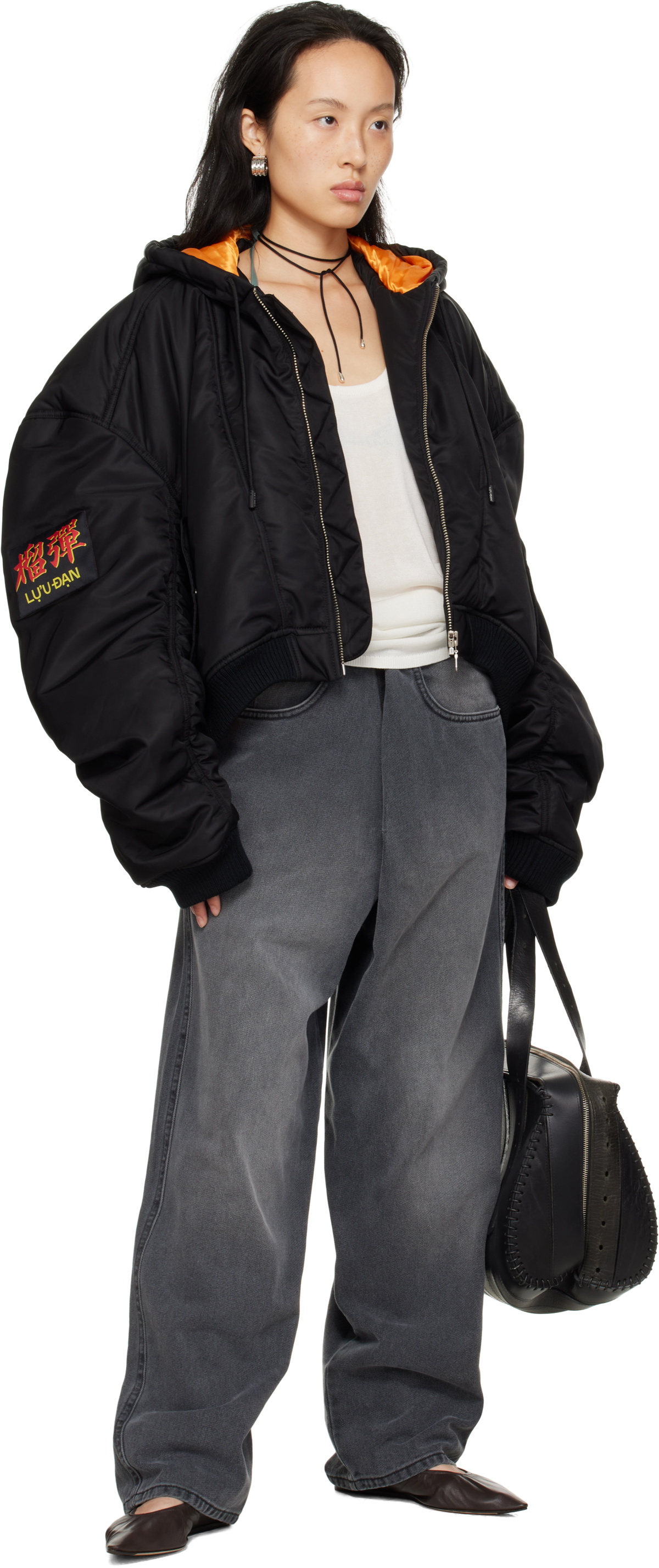 LU'U DAN Black Patch Bomber Jacket