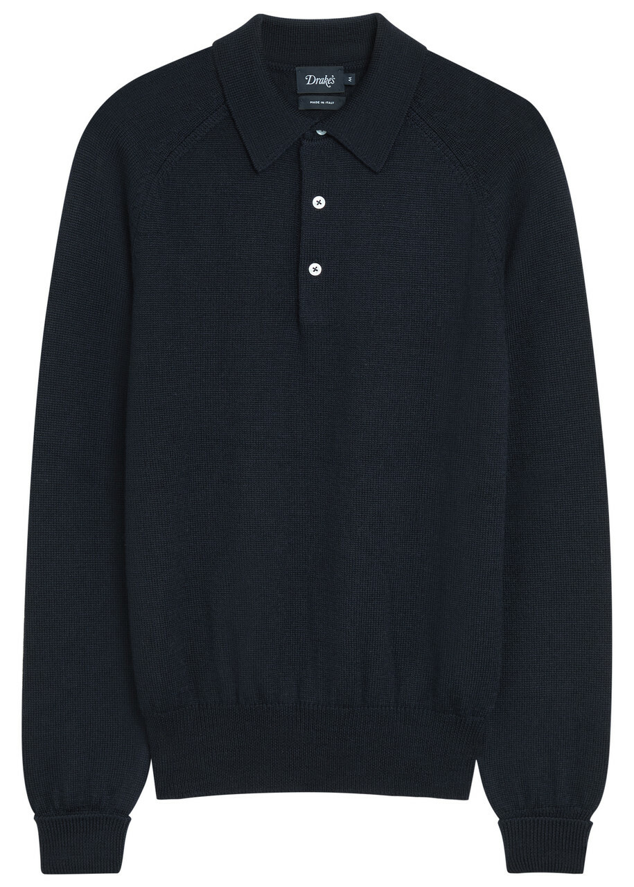 Drake's Merino Wool Polo Jumper Navy
