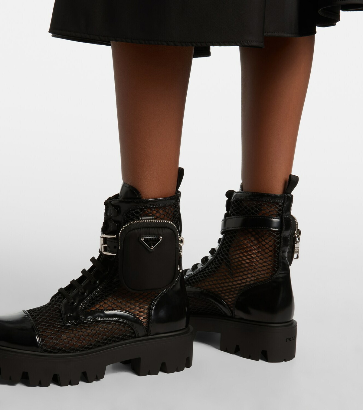 Prada Leather-trimmed mesh combat boots