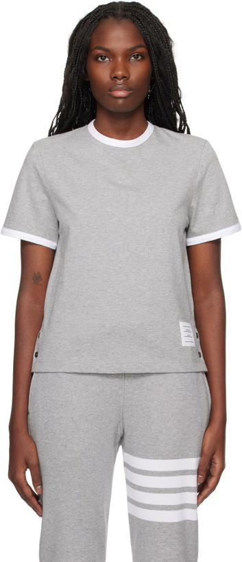 Photo: Thom Browne Gray RWB-Stripe Logo-Patch T-shirt