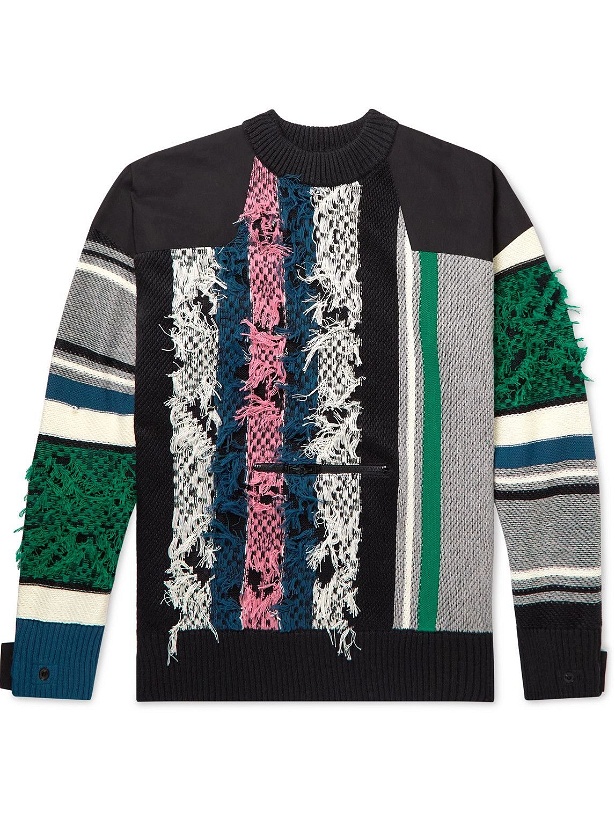 Photo: Sacai - Shell-Panelled Distressed Linen and Cotton-Blend Jacquard Sweater - Multi