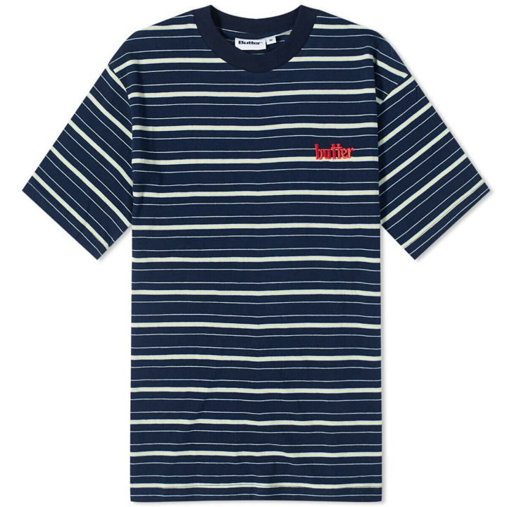 Photo: Butter Goods Men's Park Stripe T-Shirt in Black/Sky/Banana