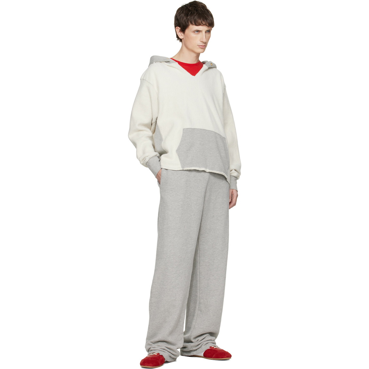 Les Tien White & Gray Heavyweight Inside Out Raw Cropped Hoodie