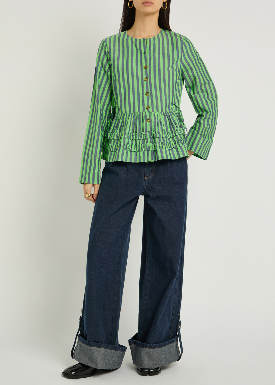 Damson Madder Madison Striped Cotton Blouse Green