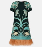 La DoubleJ Swing feather-trimmed floral silk twill minidress