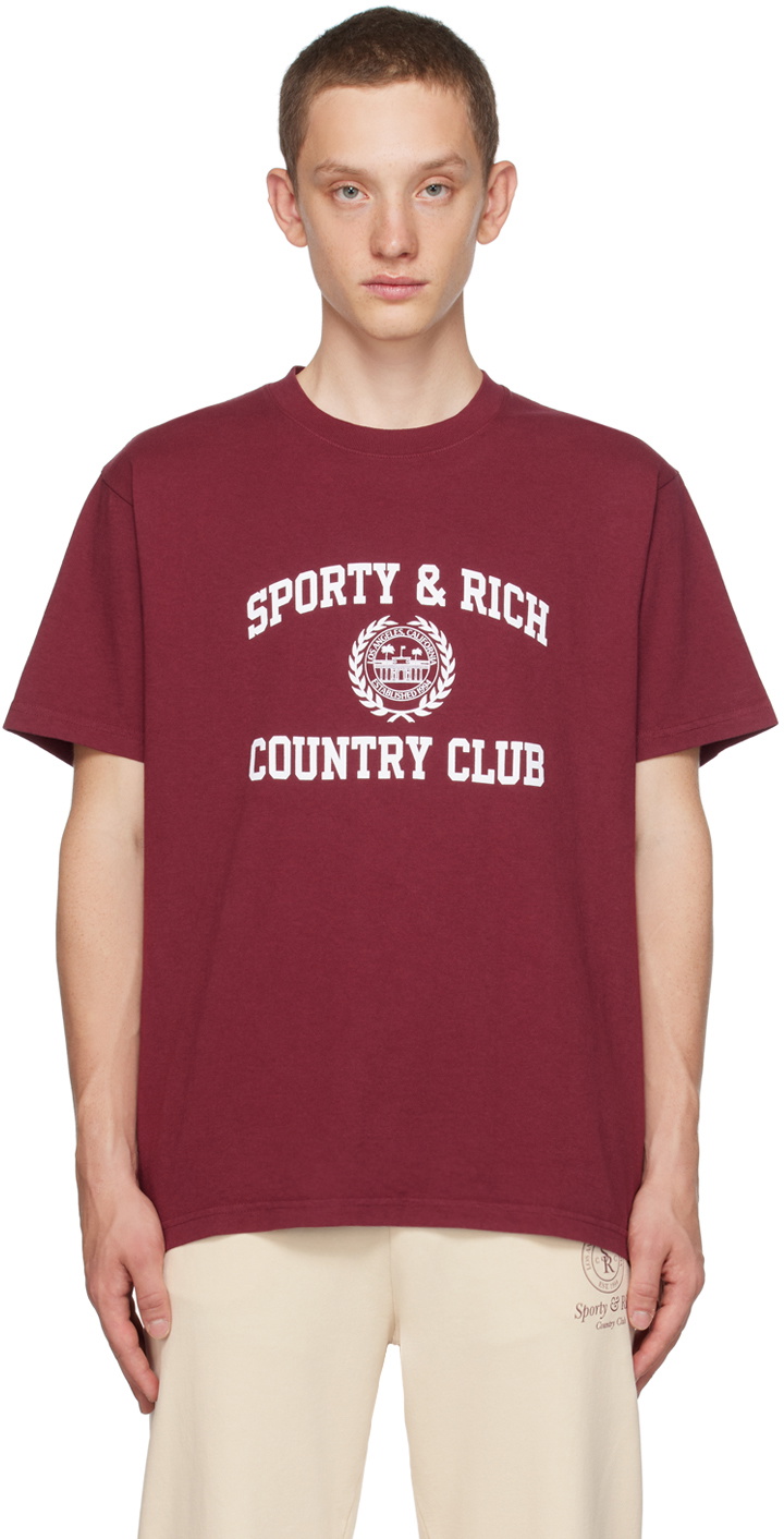 Sporty & Rich Burgundy Varsity Crest T-Shirt Sporty & Rich