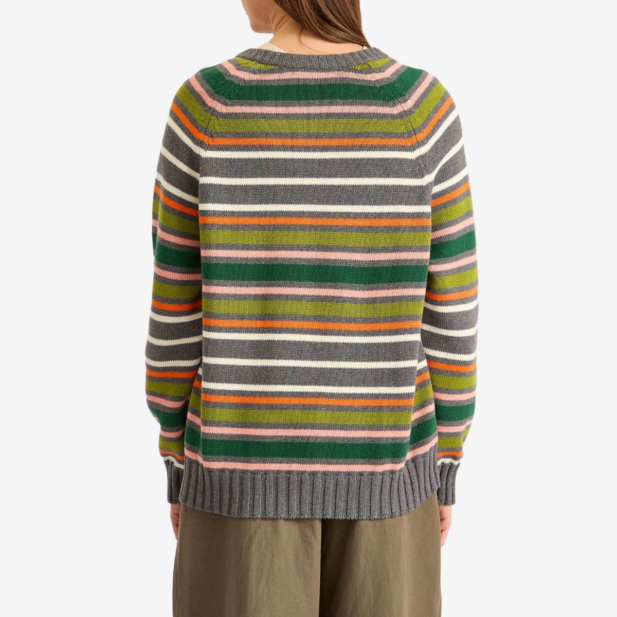 DONNI. Women's Cotton Cashmere Stripe V-Neck Jumper in Charcoal Grey