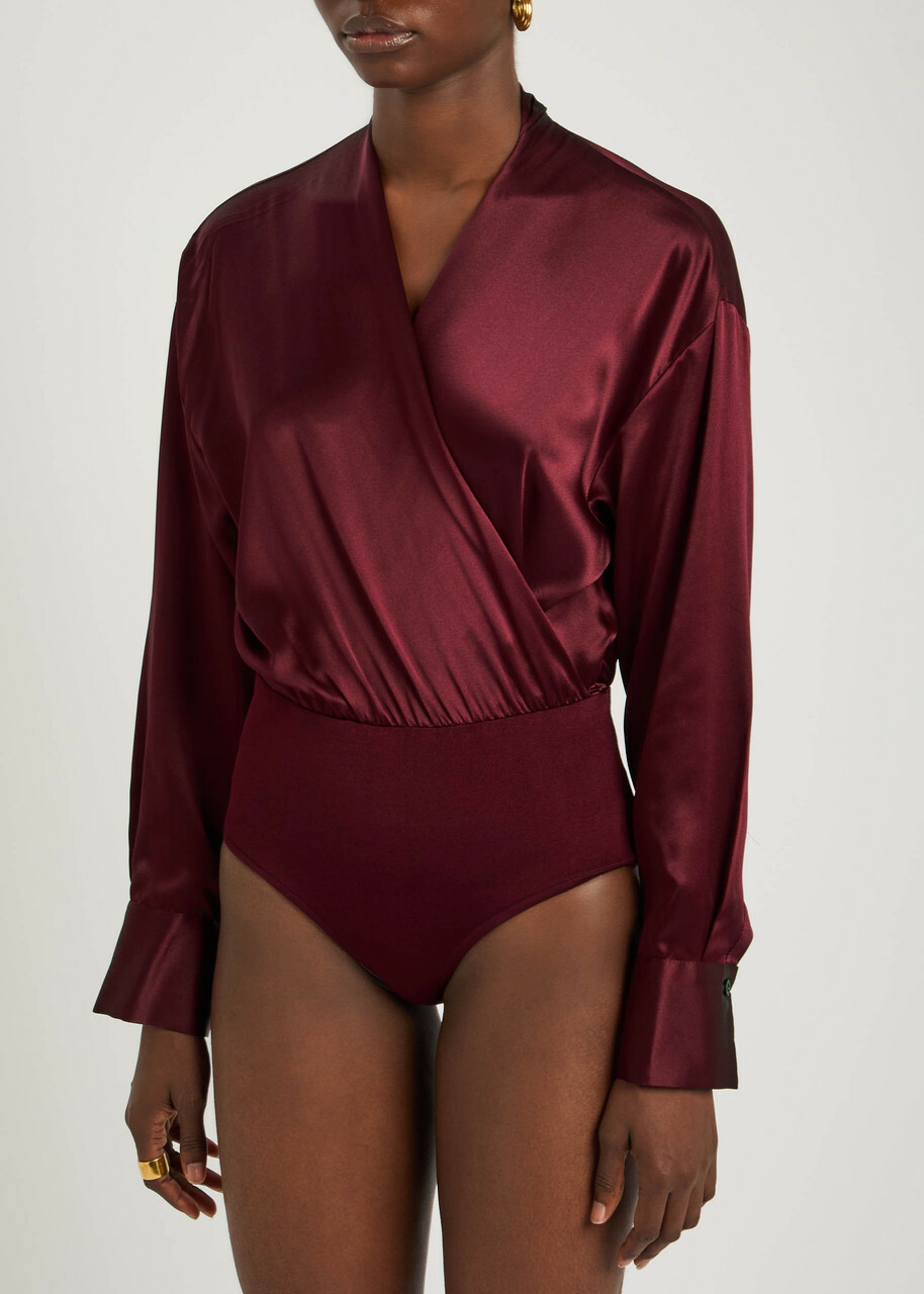 Esse Studios Illi Wrap-effect Silk Bodysuit Burgundy