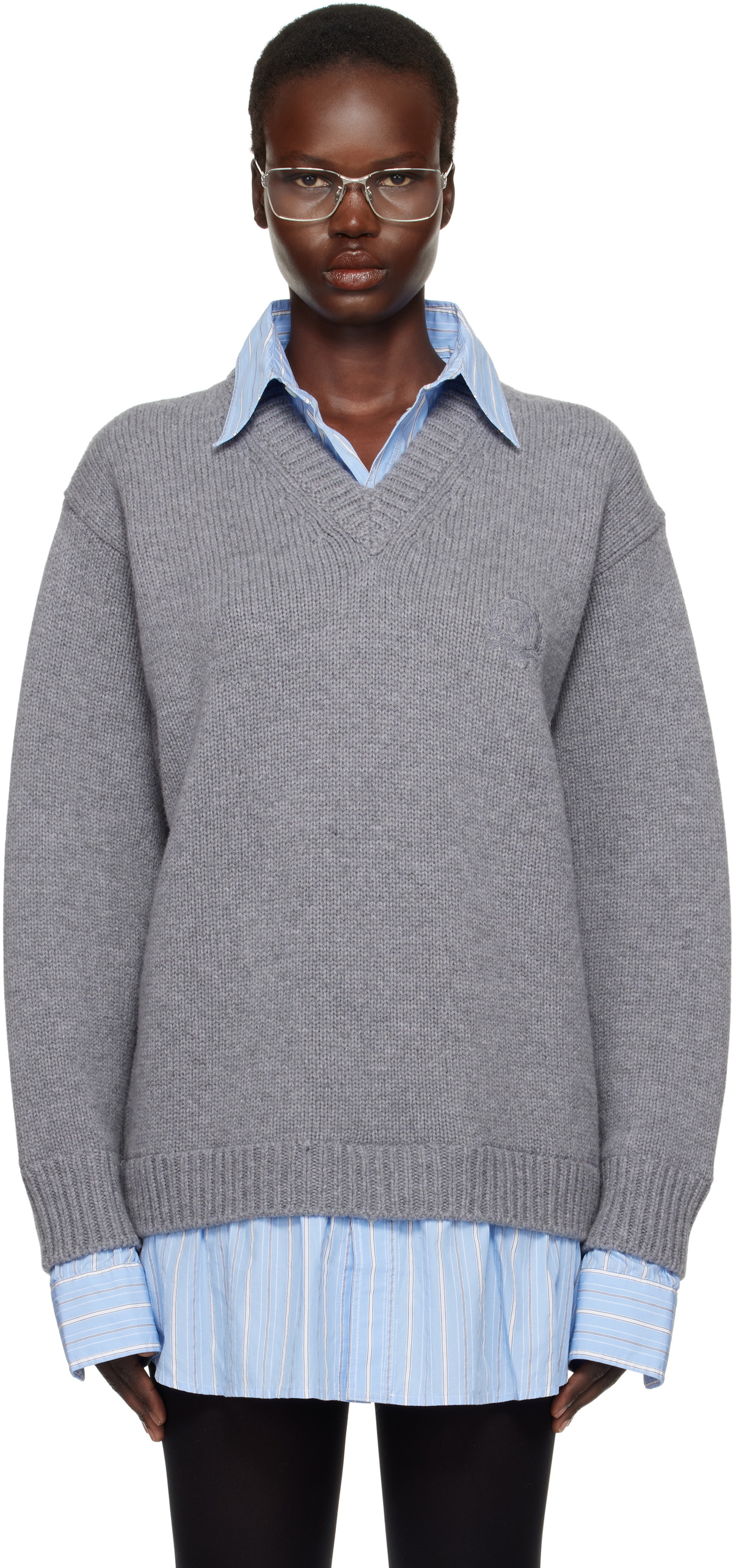 Balenciaga Gray Layered Shirt V-Neck Sweater Balenciaga