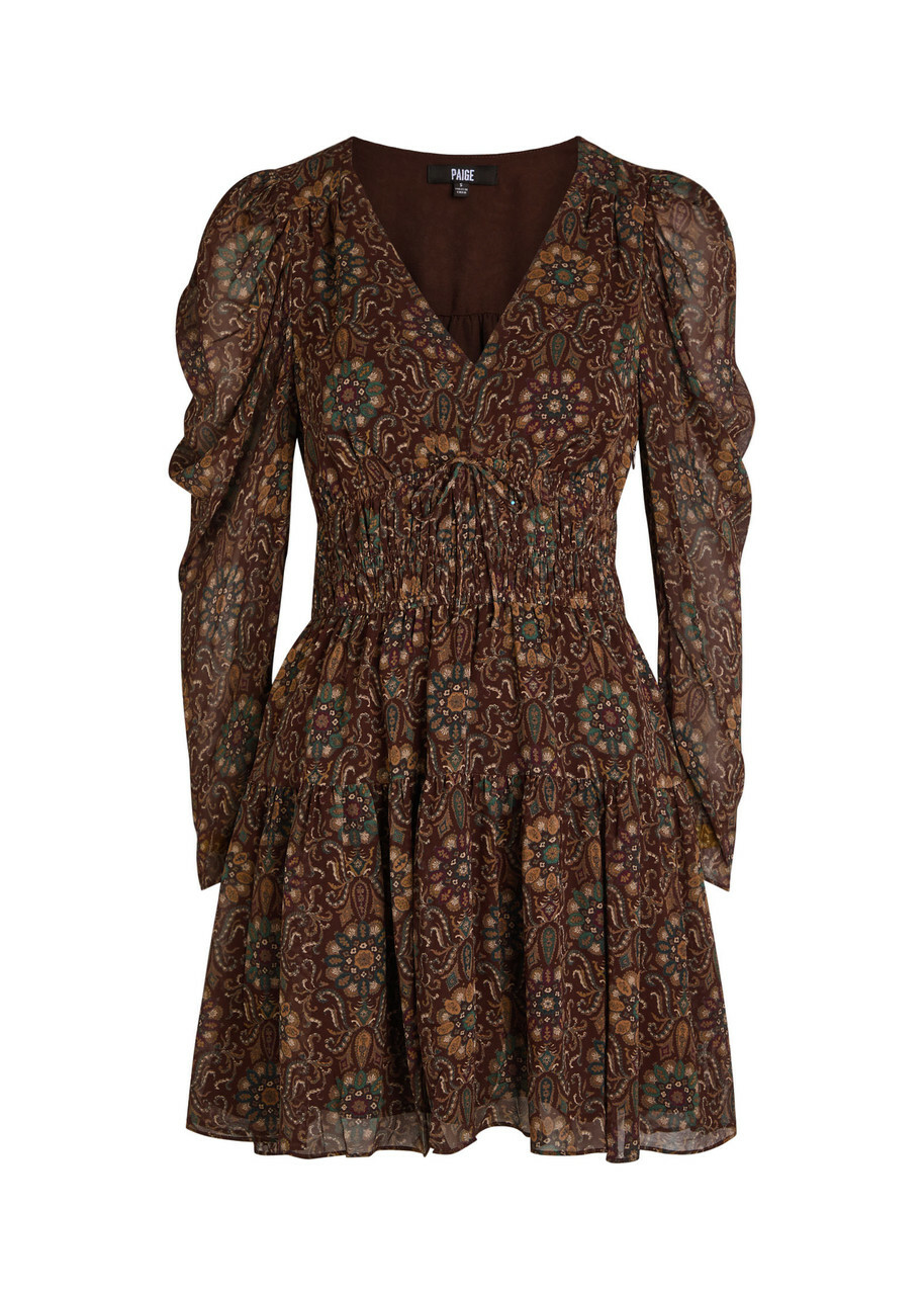 Paige Aries Patterned Silk Mini Dress Dark Brown
