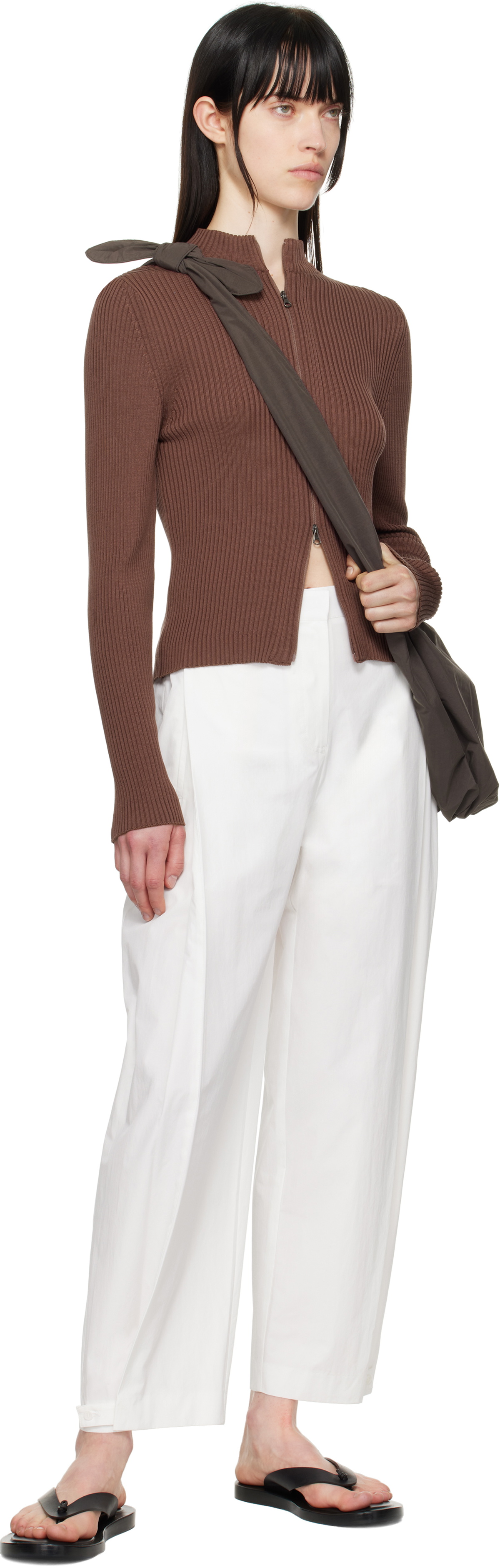 AMOMENTO Brown Ribbed Mock Neck Cardigan