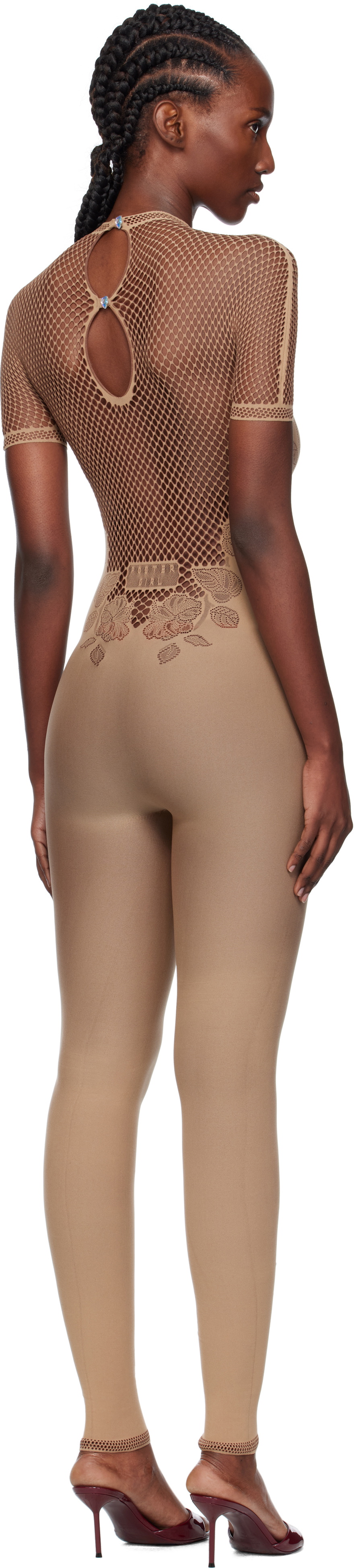 Poster Girl Beige Leaves Fishnet Jumpsuit