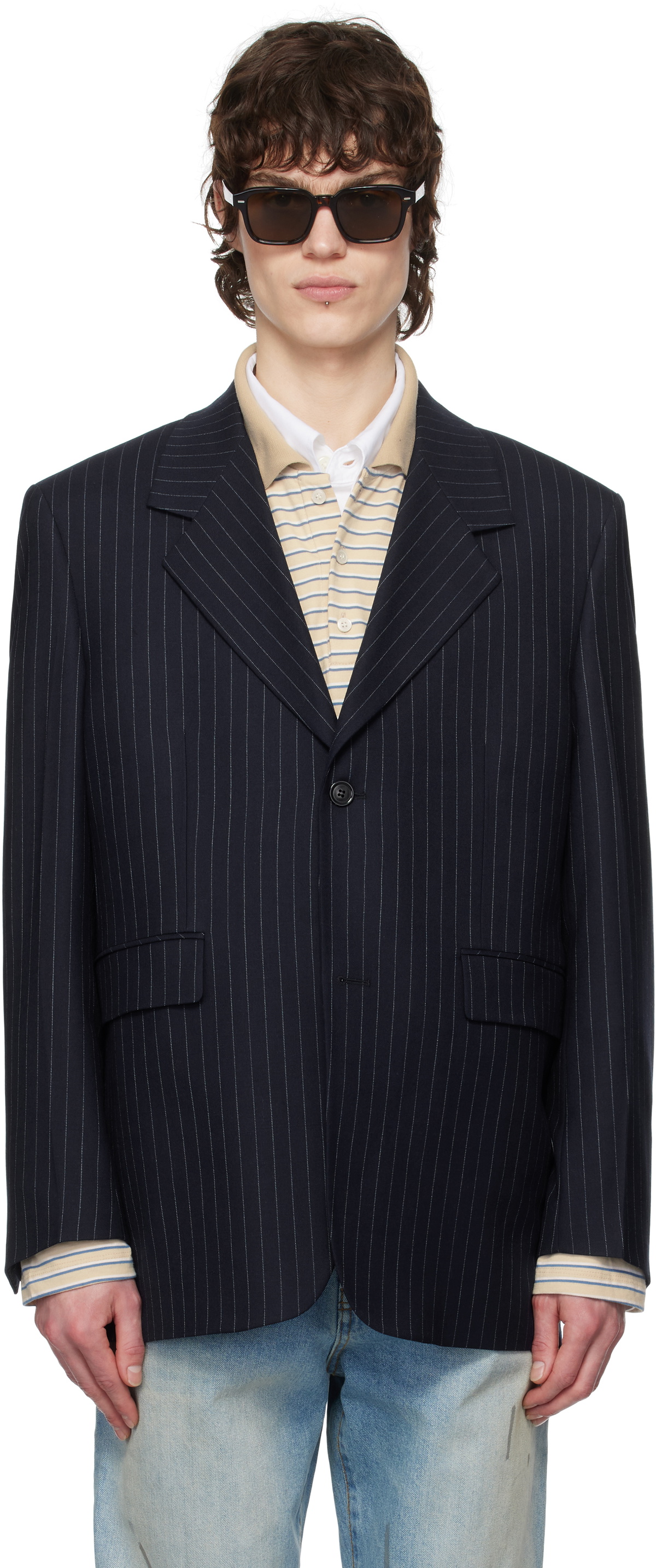 Tonywack Navy Striped Wool Oversized Tailored Blazer Tonywack