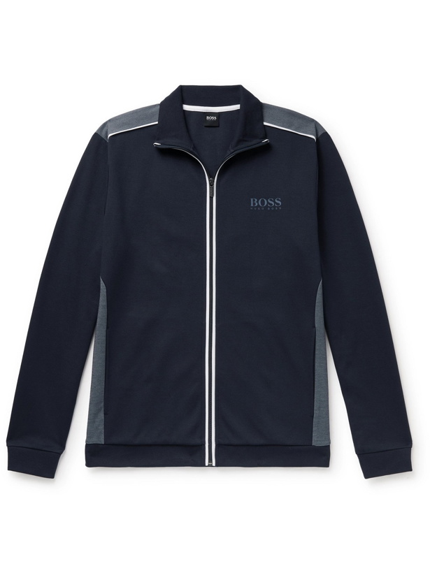 Photo: HUGO BOSS - Slim-Fit Piped Logo-Print Cotton-Blend Jersey Track Jacket - Blue