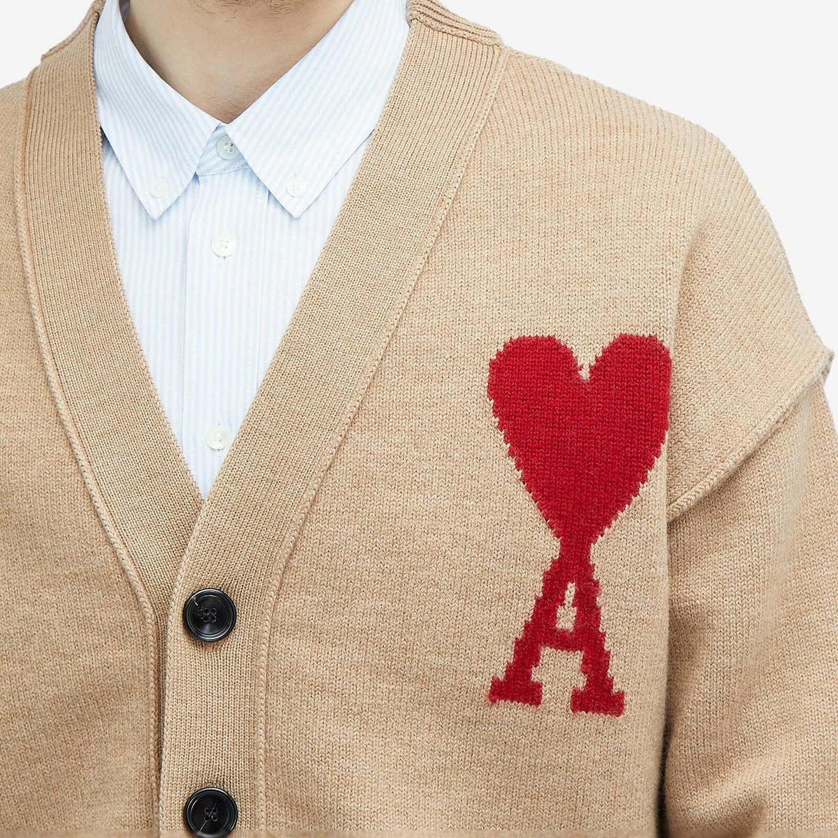 AMI Paris Men's A Heart Cardigan in Camel/Red AMI
