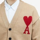 AMI Paris Men's A Heart Cardigan in Camel/Red