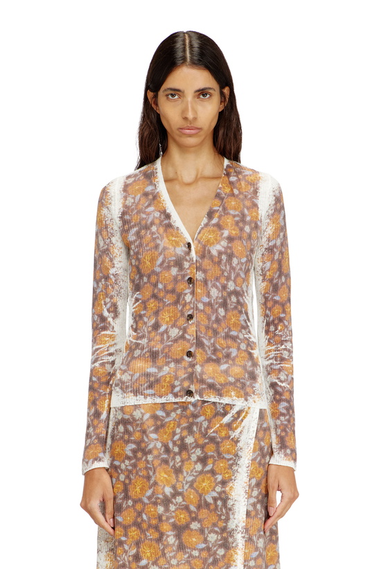 Photo: Diesel Floral-print cardigan in linen knit - Knitwear Womens in Brown