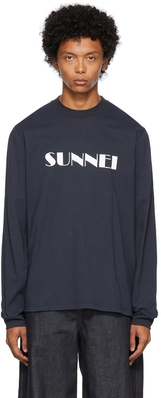 Photo: Sunnei Navy Logo Print Long Sleeve T-Shirt