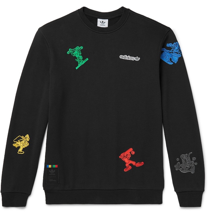 Photo: adidas Originals - Disney Goofy Appliquéd Loopback Cotton-Jersey Sweatshirt - Black