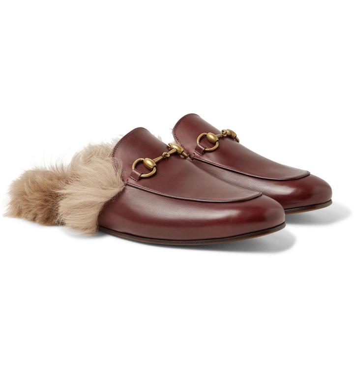 Photo: GUCCI - Princetown Horsebit Shearling-Lined Leather Backless Loafers - Burgundy