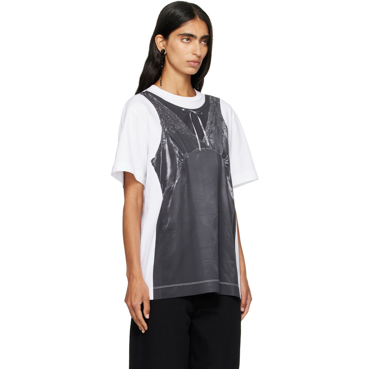 Simone Rocha White & Black Patchwork Satin Trompe L'Oeil Print T-shirt