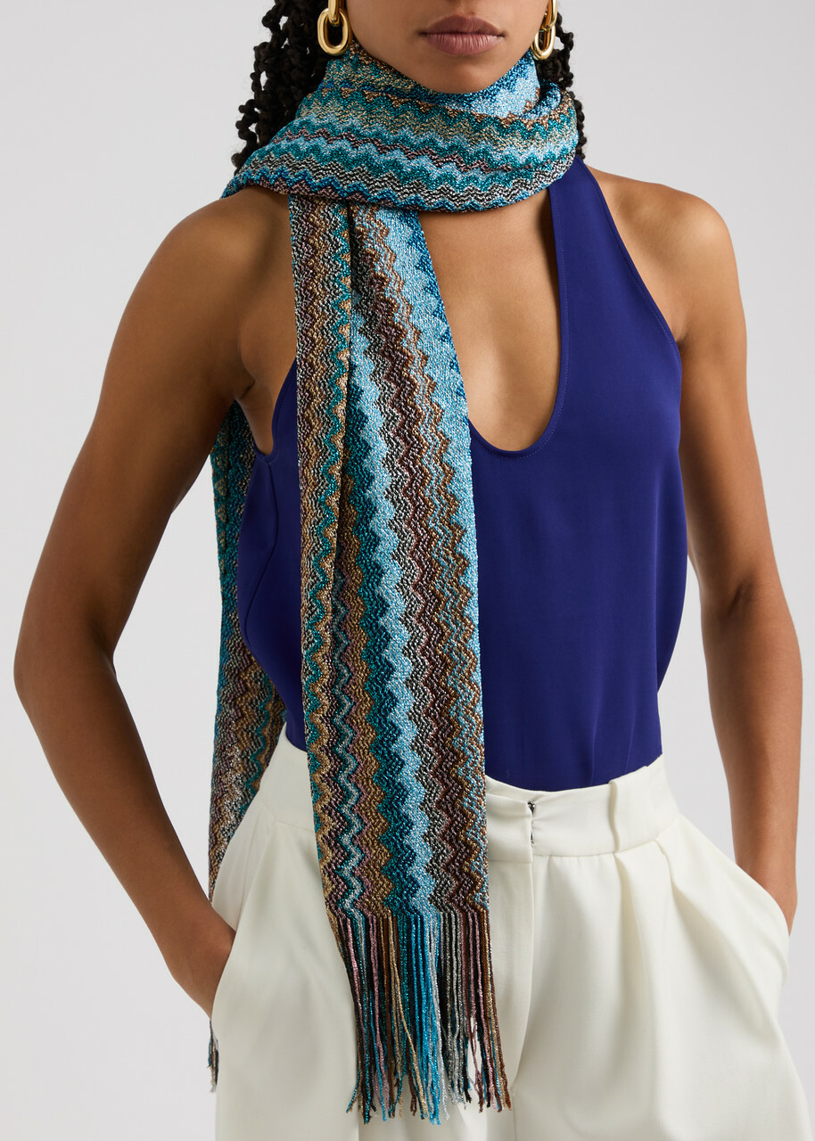 Missoni Zigzag-intarsia Metallic-knit Scarf - Blue - One Missoni Zigzag-intarsia Metallic-knit Scarf - Blue - One