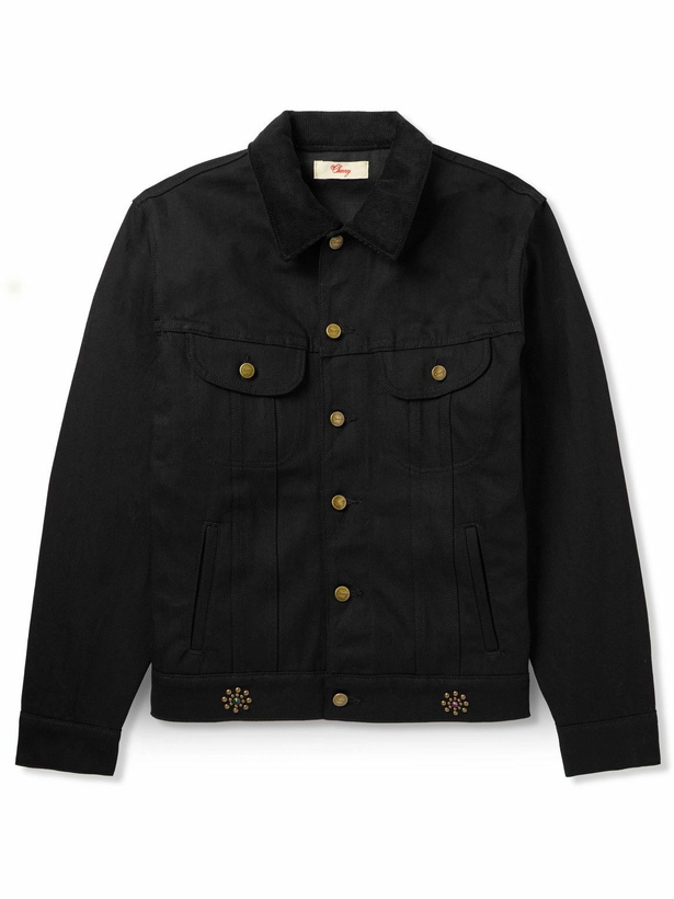 Photo: Cherry Los Angeles - Cotton-Blend Corduroy-Trimmed Embellished Denim Jacket - Black