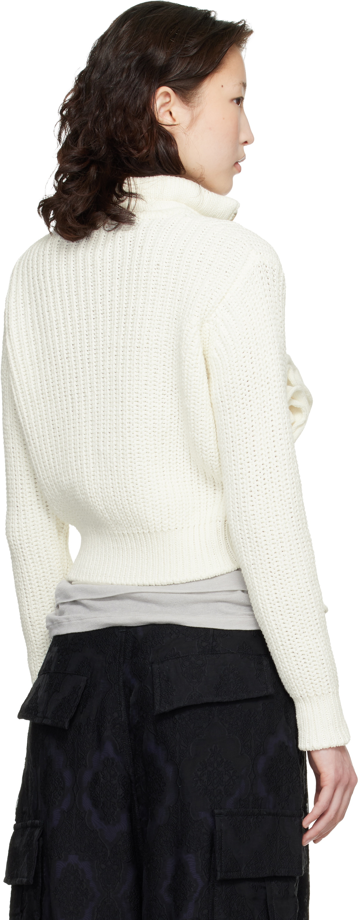 OPEN YY Off-White Applique Knit Zipup Sweater