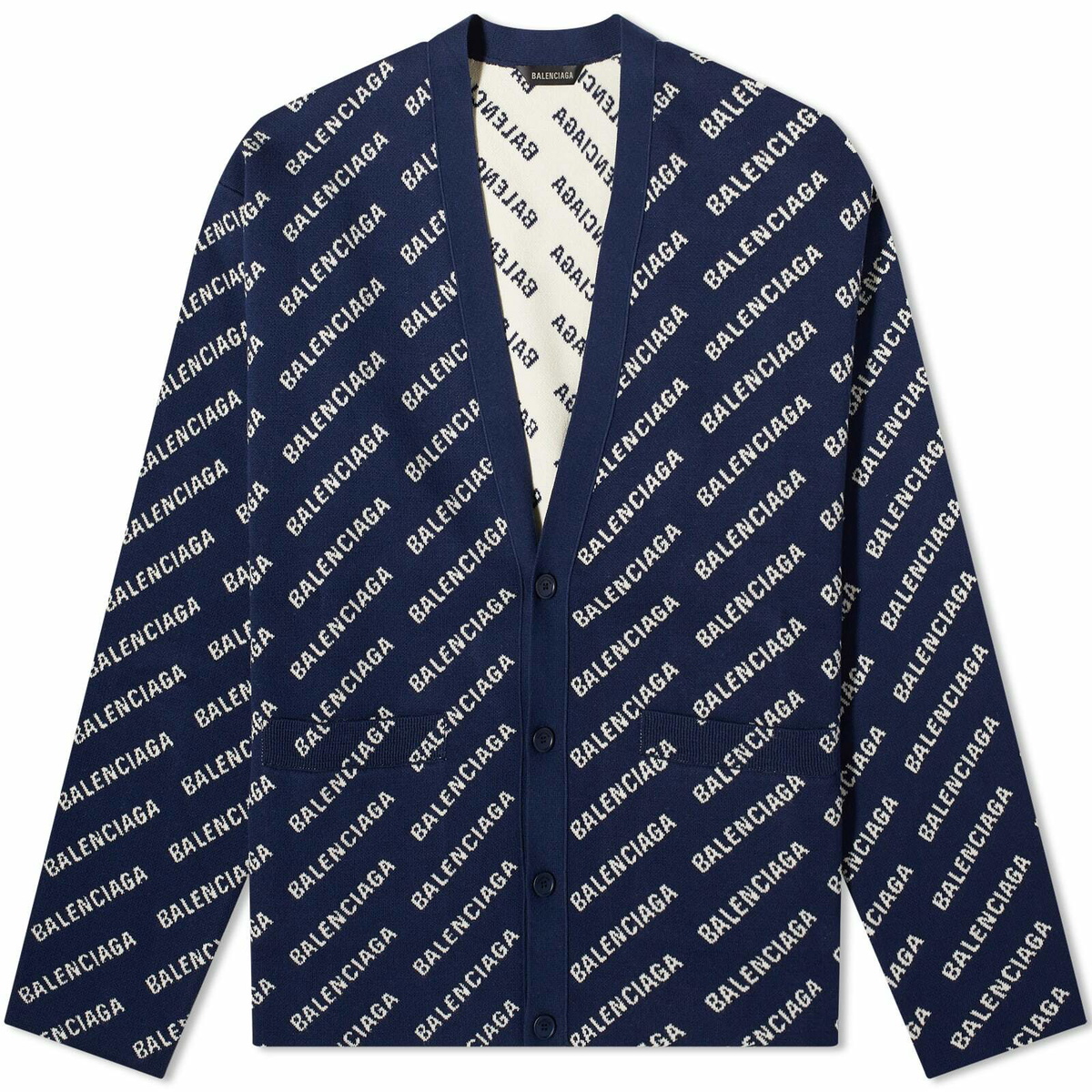 Balenciaga Men's All Over Logo Cardigan in Navy/White Balenciaga