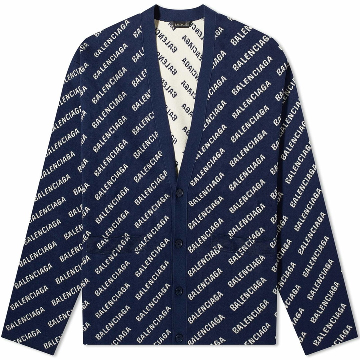 Photo: Balenciaga Men's All Over Logo Cardigan in Navy/White